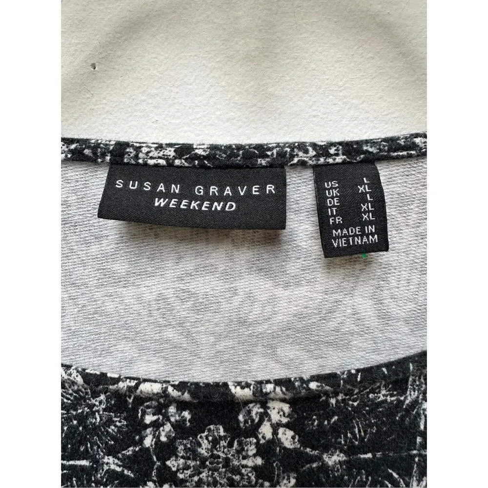 Susan Graver Weekend women’s 3/4 sleeve black white print sweater Large #41-1033